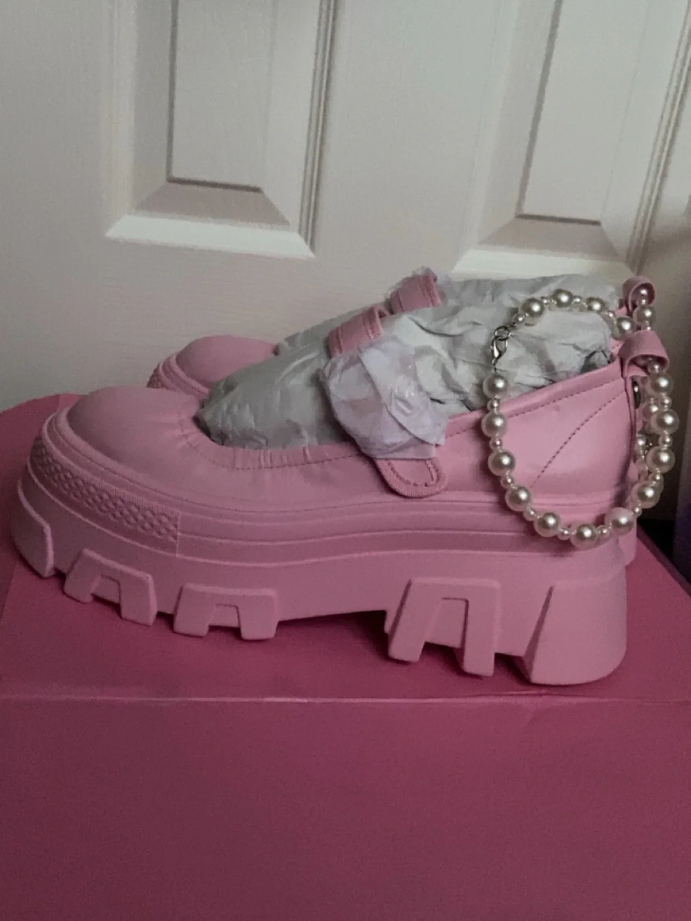 Sugar Thrillz Pink Platform Mary Jane Loafers with Pearl Strap
